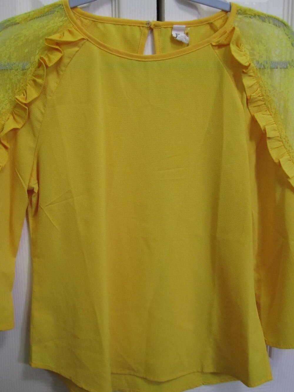 Pink Owl Yellow Ruffle Lace Shoulder Blouse